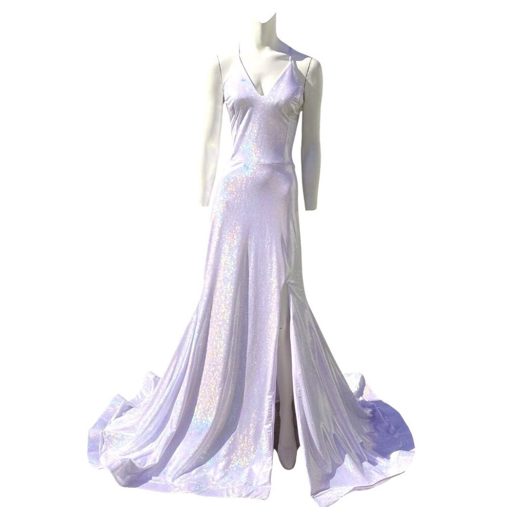 Jessica Angel 908 Silver Bedazzled Open Back Sparkling Gown Size Large NWT